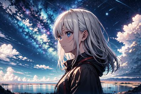 absurdres, highres, (official art, beautiful and aesthetic:1.2), close view,
1girl, shining sky, vast world, gazing, awe-inspiring expression, distant horizon, clouds, high hill, natural beauty, inspiration, night sky, Shining Stars,