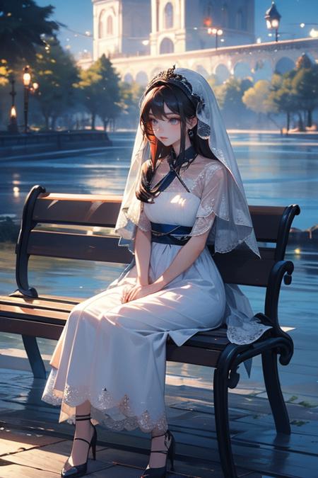 a woman in a white dress sitting on a bench next to the water at night with a veil on her head, Du Qiong, cosplay, a hologram, rococo