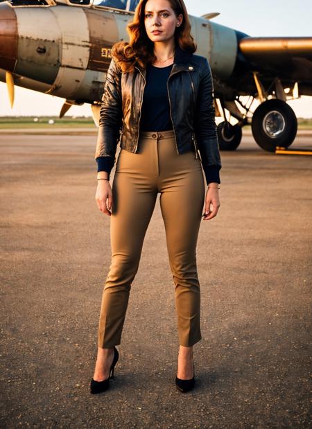 A stunning intricate full color photo of (sks woman:1) <lyco:locon_amy_v1_from_v1_64_32:1.3>, wearing (beige tight pants), epic character composition, wearing (dark aviator jacket), airport hangar, by ilya kuvshinov, alessio albi, nina masic, sharp focus, natural lighting, subsurface scattering, f2, 35mm, film grain, (1960s hairdo), old planes in background