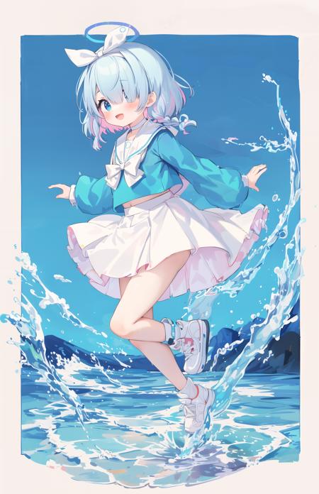 ((masterpiece,best quality)),

1girl, arona (blue archive), solo, skirt, halo, blue eyes, white skirt, school uniform, shoes, smile, bow, braid, multicolored hair, sailor collar, choker, white footwear, blue hair, shirt, pink hair, white choker, looking at viewer, hair over one eye, hairband, sneakers, open mouth, white sailor collar, blue shirt, bow hairband, rain, long sleeves, serafuku, short hair, bangs, white hairband, :d, water, puddle, standing on one leg, white bow, full body, bowtie, standing, single braid, pleated skirt, flower, ribbon, blush,

((full of tension)),unique angle,official art,
<lora:BAarona:1:lbw=CHARA>, 