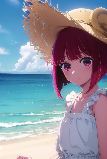 kanaarima, <lora:kana arima s1-lora-nochekaiser:1>,
kana arima, short hair, bangs, (red eyes:1.3), red hair, bob cut, smile,
BREAK hat, dress, ribbon, sleeveless, white dress, sleeveless dress, white headwear, sun hat, sundress,
BREAK outdoors, ocean, beach, sun, sky, clouds, day,
BREAK looking at viewer, (cowboy shot:1.5),
BREAK <lyco:GoodHands-beta2:1>, (masterpiece:1.2), best quality, high resolution, unity 8k wallpaper, (illustration:0.8), (beautiful detailed eyes:1.6), extremely detailed face, perfect lighting, extremely detailed CG, (perfect hands, perfect anatomy),