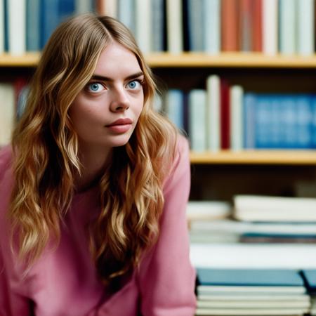 raw analog photo of blush [samweaving-2000] girl standing in library, medium shot, casual clotes, tone mapped, natural colors, skin pores, freckles, film grain, 8K, 16k, analog style, raw photo, professional photo, shot on nikon, shot on hasselblad, shot on 35mm, sharp focus, film grain