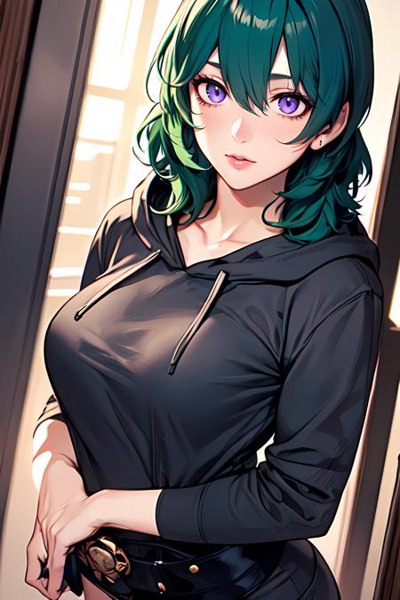 masterpiece,best quality,
1girl, medium breasts,  waist , (muscular:0.4) ,slender,
<lora:Character_ort_byleth_fe3h_v0.8:0.7>
byleth,
deep green hair, amethyst eyes
<lora:Cloth_ort_fashion_v0.1:0.4>
fashon2312, oversized hoodie, down hood, 
below shot, low angle shot,
<lora:Style_hews_style:0.4>hews style <lora:Style_cutesexyrobutts_v2:0.>CSR STYLE
<lora:Style_puuzaki-puuna-lora-v1:0.><lora:Style_anmnr01AOM3A1:0.>
<lora:Concept_Round_Breasts_V7:0.2>ROUND BREASTS, medium  BREASTS