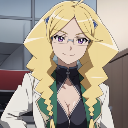 1 girl, blonder hair, purple eyes, two braids, glasses, hair Antenna, labcoat, brown miniskirt, green jacket, dark red high heels