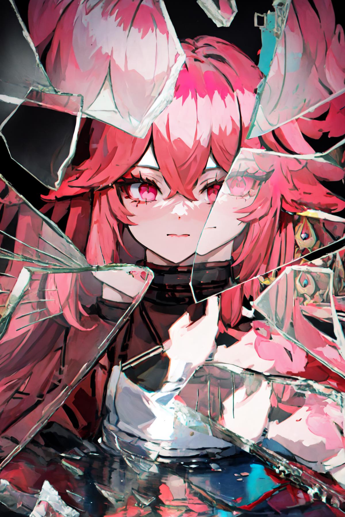 A woman with pink hair and red eyes looking out through a broken mirror.