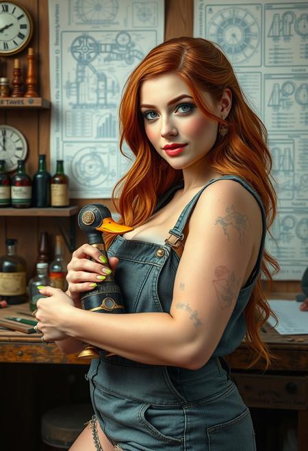 Photo realistic womam, Feminine tinker-alchemist building a mechanical duck clockwork punk motif, clockpunk, 1woman, curvy, large breasts, busting out, 25 year old, portrait, beautiful, perfect face,  beautiful face, very long copper hair, pale skin, Freckles, green manicure, earrings, slight smile,(Alchemy and Tinker shop, blueprints on walls), tools, potions, bottles, workbench, wooden walls, wood furniture, schematics on wall, blueprints on wall, proud. denim, overalls, shorts