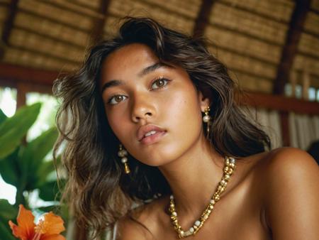 portrait, (point of view: from below looking upward through cleavage to face), close up of a  Tahitian Vogue model , nostrils, close-up, natural skin texture, freckles, soft wind in hair, candid emotion,  gold jewelry, damp from ocean mist â standing in front of a glowing storybook island, whimsical palm trees with spiral trunks, floating flower petals in the air, dreamy pastel sky, ambient tropical light, painterly depth of field,  photo-real subject + abstract fantasy background fusion