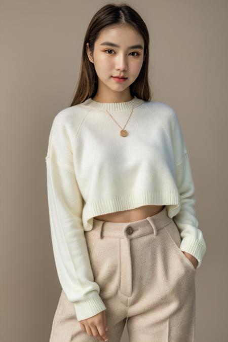 RAW photo of  rinrada,colorful sweater, neutral background, 8k uhd, dslr, soft lighting, high quality, film grain, Fujifilm XT3, <lora:rinrada:1>