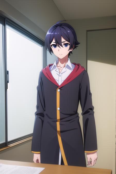 seiichihiiragi, <lora:seiichi hiiragi s2-lora-nochekaiser:1>,
seiichi hiiragi, black hair, hair between eyes, ahoge, male focus, (black eyes:1.5),
BREAK school uniform, hood, robe, shirt, white shirt, collared shirt,
BREAK indoors, classroom,
BREAK looking at viewer, (cowboy shot:1.5),
BREAK <lyco:GoodHands-beta2:1>, (masterpiece:1.2), best quality, high resolution, unity 8k wallpaper, (illustration:0.8), (beautiful detailed eyes:1.6), extremely detailed face, perfect lighting, extremely detailed CG, (perfect hands, perfect anatomy),