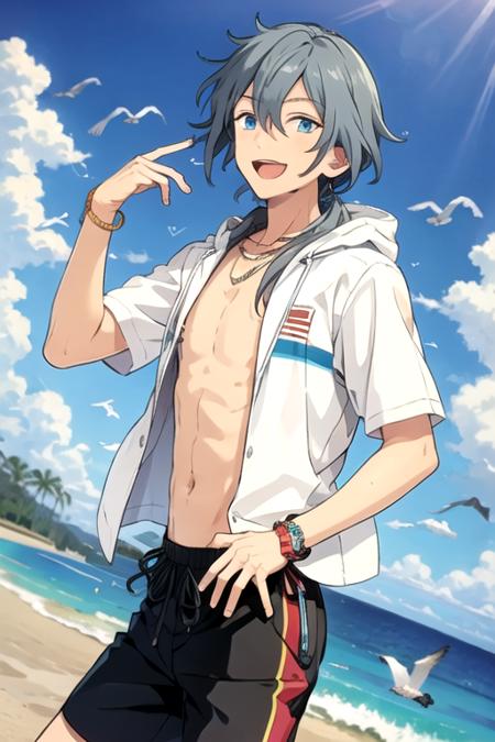 <lora:NikiShiina-08:0.7> ,niki, solo, looking at viewer, smile, open mouth, blue eyes, 1boy, jewelry, blue hair, short sleeves, grey hair, male focus, outdoors, open clothes, sky, shorts, day, cloud, hood, water, necklace, bracelet, tree, blue sky, dutch angle, open shirt, bird, ocean, beach, sunlight, palm tree, male swimwear, swim trunks, seagull