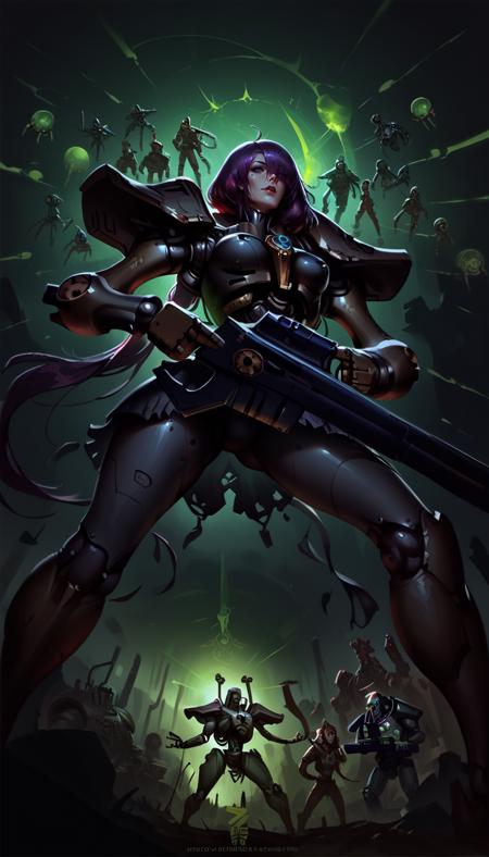 score_9, score_8_up, score_7_up,  , necron, robot, green energy, wh40k, holding gun, black armor, science fiction, mecha, from below, <lora:Necron_race_WH40K:0.7> ,  <lora:Mogador (Azur Lane) Character:0.7> mgdrsd, hair over one eye, low twintails |
from from belov,
<lora:Zeronis_Style:0.8> zeronis,
 <lora:Concept Art DarkSide Style LoRA_Pony XL v6:0.8> concept art, realistic, dark theme, low light,