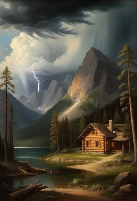 Masterpiece, high-resolution, oil painting, tall mountains, pine forest, log cabin, lake, large thunderstorm clouds in the distance