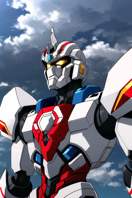 gridman, masterpiece, best quality, no humans, mecha, robot, yellow eyes, looking up, cloud, solo, cloudy sky, science fiction, glowing, glowing eyes, looking ahead, super robot, sky, close-up <lora:gridman_offset:1><lora:mecha_offset:0.2>