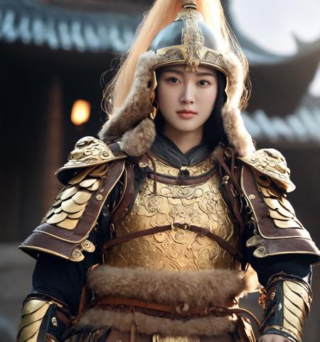 <lora:Qigeä¸­å½ç²è(Chinese_armor)SDXL_v1.0:0.7>,a 25 year old chinese girl,realistic,menggujia,solo,Background of ancient Chinese cities,detailed_eyes,shoulder_armor, full body,helmet decorated with fur edges,Black Eyes,looking at viewer,(masterpiece:1.2), (best quality:1.2), perfect eyes, perfect face, perfect lighting, (8K),(perfect anatomy),(highres),