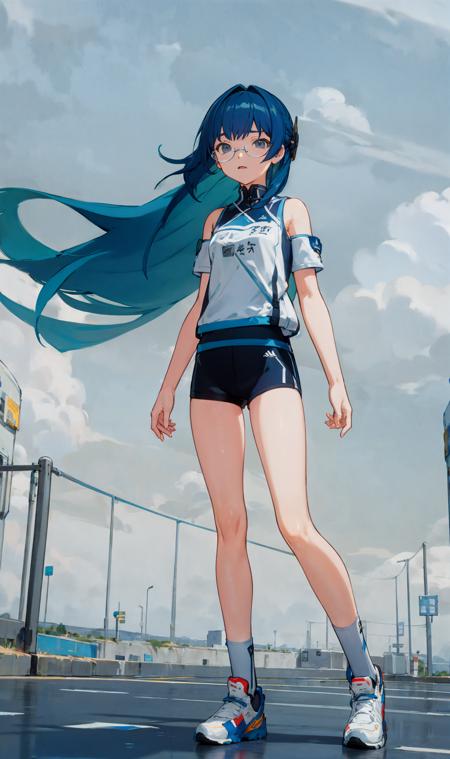 1girl,sportswear,glasses,blue hair,very long hair,bare shoulders,cloudy sky,<lora:ag-style-lora:1>,standing on ground,mid shot,BREAK