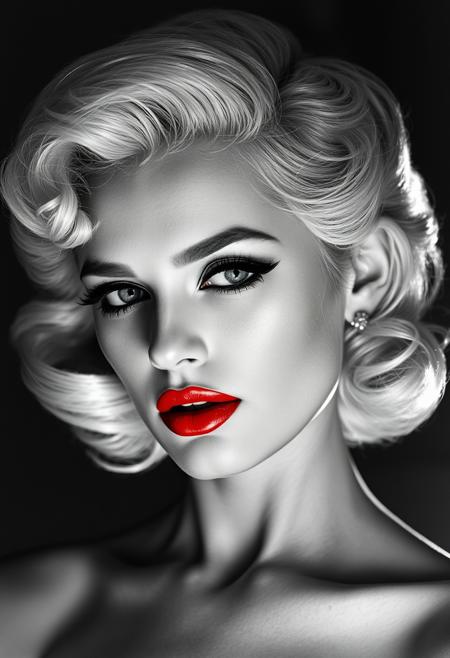glamorous woman, vintage Hollywood style, monochrome grayscale portrait, platinum blonde curls, red glossy lips, dramatic lighting, high contrast, bold makeup, soft mist fade, sultry expression, retro elegance, stylized realism, intricate background detail, enigmatic aura, illusion of air-walking, delicate brushstrokes, contemporary design, close-up shot, artistic representation of wisdom, young girl, ultra-detailed, dream-like