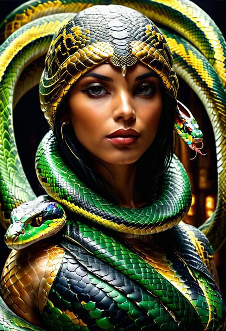 "A beautiful Egyptian lady wrapped by a snake around her neck, glowing under soft, eerie lighting, surrounded by discarded skin, detailed scales, surreal and unsettling atmosphere, photorealistic textures." <lora:SDXLFaeTastic2400:0.4> <lora:extremely_detailed:0.4> extremely detailed, <lora:sn4ke:1>,sn4ke, Masterpiece,best quality,hi res,8k,hi res,8k,award winning,(sharp focus, intricate, highly detailed), rating:safe
