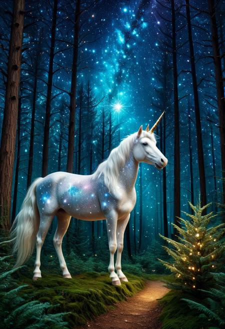 CosmicStyle,space,fantasy,Shimmering stars,starlight ,animal, unicorn ,full view,masterpiece, best quality, amazing quality, aesthetic,outdoor,trees,fantasy,forest