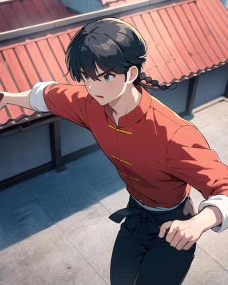 best quality, masterpiece,1boy,saotomeranma, hotwater,  <lora:ranma_v1:0.8>, ,cowboy_shot,chinese clothes, official style, running on the rooftops of the japanese suburbs, hands free