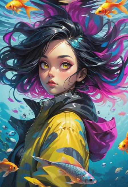 artistic portrait woman, looking at the viewer, (beautiful detailed face:1.4), beautiful long black abstract hairstyle, chubby face, yellow jacket, strange, goldfish, under water, blue and magenta, (vibrant light:1.4), (shadow detailed:1.2), (highly detailed:1.4), anime style, speed art, abstract artistic brush strokes, (beautiful and aesthetic:1.4), masterpiece, realistic surrealist, (surrealist artistic work:1.4), (fisheye:1.6)