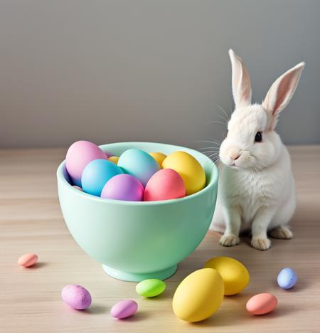 Beautiful animal, rabbit with dreamy eyes, volumetric light, hyper realistic, eating easter egg, Shallow depth of field, pastel color palette, Soft Lighting,