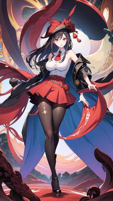 masterpiece, best quality,royalfortune(azur lane), 1girl, red eyes, tentacles, torn clothes, pantyhose, breasts, black hair, red skirt, book, jacket, solo, skirt, black jacket, torn pantyhose, boots, sleeveless, white shirt, shirt, long hair, standing, looking at viewer, hat, large breasts, open clothes, bare shoulders, black pantyhose, full body, black headwear, belt, open jacket, off shoulder, high heels, pirate hat, <lora:RoyalFortune-000007:0.8>  <lora:GoodHands-vanilla:1>, scenery, background,