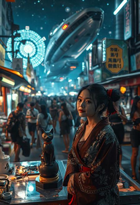 (((EVERY PERSON IN THIS IMAGE IS PRACTICING YOGA POSES))), Setting is a futuristic cyberpunk street market at night, the market is comprised of street vendors selling robot parts, food, weapons, and robots. People wearing futuristic cyberpunk clothing are walking through the street market shopping and eating, A sleek black cat with red collar sits on a cluttered metal riveted desk with transparent top and micro-LED lighted computer components visible inside, On the desk is an ebony and gold maneki neko statue and futuristic art deco lighting, (((a beautiful woman, 24 years old, is standing in the foreground FACING THE VIEWER, she has an expression of interested curiosity)))))), the sleek black cat with red collar is sitting on the desk and watching the people walking by in the busy street market, the woman is dressed in futuristic cyberpunk Japanese style yukata with a plunging neck line alluring but Japanese classic aesthetic. An enormous art deco inspired starship with futuristic lighting and an enormous space station are visible in the background among the stars, The woman's hair is elegantly tied up with a ribbon. Artistic cyberpunk, dynamic perspective, (((overall architectural aesthetic is Art Deco Cyberpunk))).  Epic image that elicits a feeling of wonder and awe, CLASSICALLY STYLIZED LIGHTING AND ARCHITECTURE FROM CHINA INDIA JAPAN FRANCE EGYPT ROME AND GREECE,