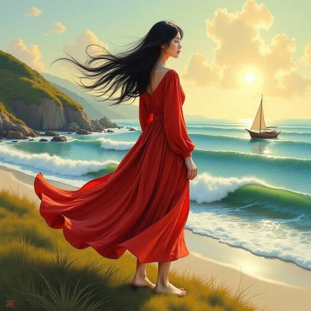 a beautiful full-figured Korean woman standing barefoot on a grassy hill overlooking the ocean, wearing a red silky leather dress that shimmers in sunlight, soft wind blowing through her long black hair, a small wooden sailboat resting on the shore below, waves gently crashing, warm golden afternoon sky, oil painting, highly detailed brushwork, serene expression, coastal landscape, cinematic composition, sunlight reflections on water and fabric, traditional fine art style, vibrant yet realistic colours, beautiful woman, chubby girl, Korean girl, red silk dress, windy dress, barefoot, ocean view, beach hill, traditional sailboat, crashing wave, golden sky, oil painting, classical style, realistic art, shoreline, fine art, boat on beach, serene mood, high detail, vibrant realism, glowing highlights, scenic coast,traditional Korean ink wash style, monochrome brush lines, minimal color, textured rice paper look, elegant simplicity, line-focused portrait, ink wash, brush strokes, Korean painting, minimal art, monochrome, simplicity