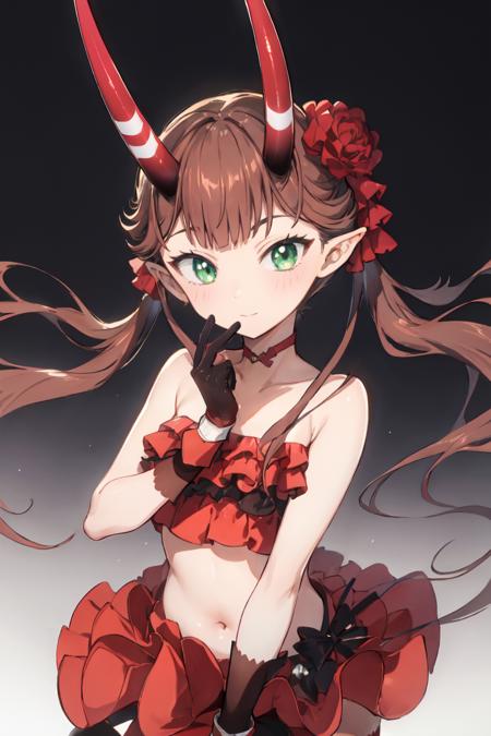msyu, long hair, twintails, pointy ears, horns, hair flower, red gloves, red thighhighs tube top, strapless, red skirt, red choker