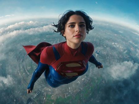 8k wallpaper of Solo DCEU Supergirl taking her own pov selfie while Hovering, <lora:Supergirl:0.8>, her suit is shining like latex, Hovering over Sky above Stratosphere here photo angle is set from top to bottom showing how small city looks from clouds