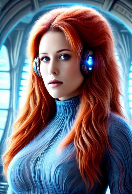 (made of w00kiee), (masterpiece), ruby_deep-orange hair, long wavy hair, nose, (shiny lip), closed mouth, close-up, censored, closed dress, beautiful high-neck top, fully dressed, (ANATOMICALLY CORRECT:1.6), (scenery:2),  natural correct blue eyes, vintage-gala, scifi, solo, space, futuristic colony, window, year 2400, female cyborg, big hair, twin ponytail, hour glass figure, thick CYBER suit, high detail, perfect face, 28 years old, fully dressed, night, (spaceship), (blue:2.5), head-phone.