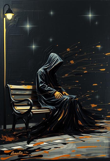 A hyper-stylistic, extremely detailed image depicts a breathtaking painting, crafted from a combination of smeared black and gold metallic paint. A cloaked and hooded figure sitting on a park bench next to a lone street light at night is captured in a streaked motion, as if it is moving rapidly in one direction. The black paint is applied in bold, dynamic strokes, creating a sense of energy and movement that is contrasted beautifully by the golden accents. The gold paint is used to highlight the figure, the bench and street lights features, adding a sense of depth and dimensionality to the image. The overall effect is one of breathtaking, surreal dynamism, as if the viewer has captured a fleeting moment in time. Every detail of the image is meticulously crafted, from the delicate, swirling patterns of the gold paint to the intricate, textured patterns of the black paint. The contrasts between light and dark, color and texture, create a sense of tension and energy that draws the viewer in, inviting them to explore the kinetic world of the painting. highest-Quality, intricate details, visually stunning, Masterpiece