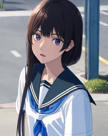 1girl, bag, bangs, black_hair, blue_neckerchief, blue_sailor_collar, blurry, blurry_background, blurry_foreground, closed_mouth, day, depth_of_field, handbag, holding_bag, kitauji_high_school_uniform, long_hair, looking_at_viewer, mole, mole_under_eye, neckerchief, outdoors, sailor_collar, school_bag, school_uniform, serafuku, shirt, short_sleeves, shoulder_bag, solo, upper_body, white_shirt <lora:chara_AnzuHanashiro:0.8>