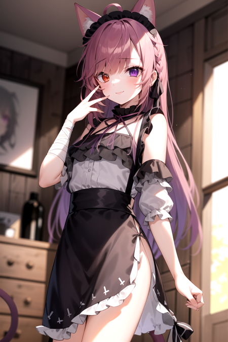 2d, masterpiece, best quality, highly detailed face, highly detailed eyes, highly detailed background, perfect lighting, cowboy shot, 1girl, solo, mikeneko, cat tail, black dress, heterochromia, purple eyes, red eyes, bandaged arm, ribbon, standing, seductive smile, hand on own face, indoors <lora:mikeneko-20:1>