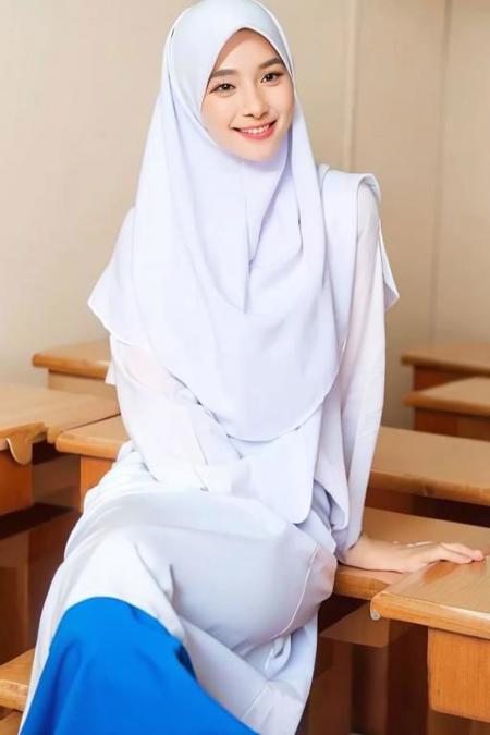 (masterpiece), (high quality, best quality, realistic, perfect face, expressive eyes), classroom, (face), looking at viewer, 1girl, mature female, (white hijab:1.1, white dress, blue skirt:1.1), smile, open mouth, teeth