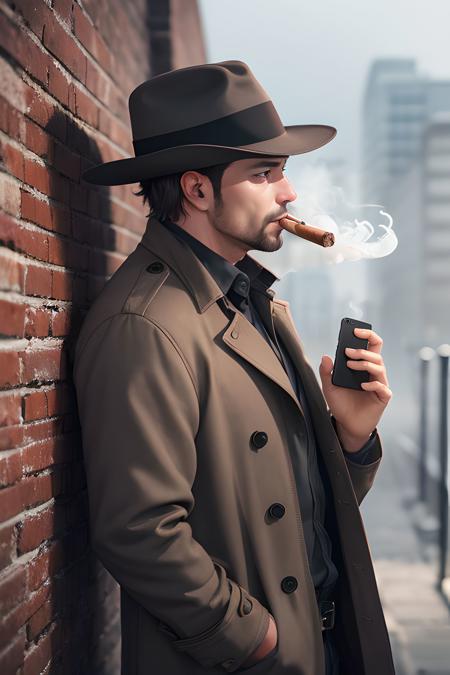 Noir detective, male, leaning on a brick wall in the rain, grizzled, fedora, trenchcoat, raining, side view, smoking a cigar, holding an iphone, close-up, perfect face, detailed smoke, Pichwai painting