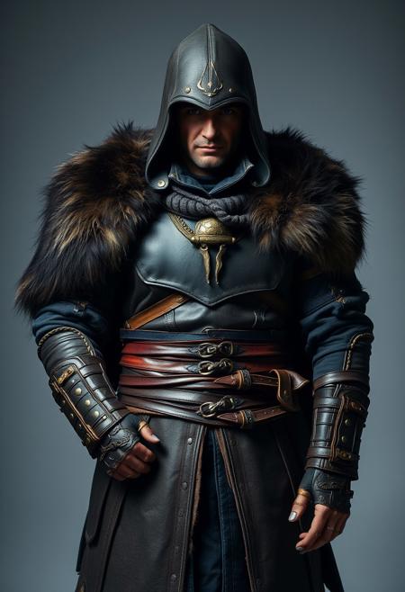 Assassin's Creed Character, mongolian costume, leather armour, fur cape,  masterful studio photography