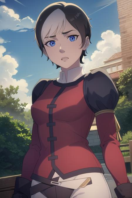 cassandraderolo, <lora:cassandra de rolo-lora-nochekaiser:1>,
cassandra de rolo, short hair, blue eyes, black hair, white hair, multicolored hair, two-tone hair,
BREAK gloves, black gloves, pants, puffy sleeves, long sleeves, shirt, red shirt, high collar,
BREAK outdoors, forest, nature, grass, trees, sun, sky, clouds,
BREAK looking at viewer, (cowboy shot:1.5),
BREAK <lyco:GoodHands-beta2:1>, (masterpiece:1.2), best quality, high resolution, unity 8k wallpaper, (illustration:0.8), (beautiful detailed eyes:1.6), extremely detailed face, perfect lighting, extremely detailed CG, (perfect hands, perfect anatomy),