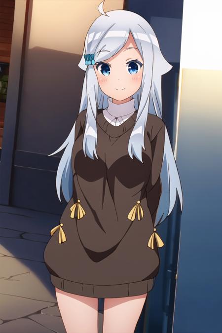 <lora:nayuta_kani-10:1>, nayuta_kani, 1girl, solo, long hair,  blue eyes, hair ornament, long sleeves, dress, jewelry, ahoge, grey hair, socks, sweater, scrunchie, hair flaps, hair scrunchie, blue scrunchie, looking at viewer, outdoors, smile, arms behind back, cowboy shot,