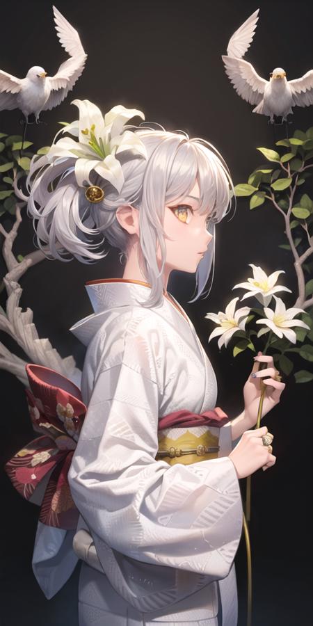 1girl, animal print, bird, bird print, crane (animal), flower, from side, holding, holding flower, japanese clothes, kimono, leaf, lily (flower), long sleeves, looking at viewer, nose, parted lips, plant, print kimono, shippou (pattern), solo, tree, upper body, white flower, white hair, white kimono, white theme, yellow eyes, hair ornament, hair flower, black background, sash, obi, ring, floral print, bangs, jewelry, wide sleeves, white nails,<lora:mina_loha_v1a:1>