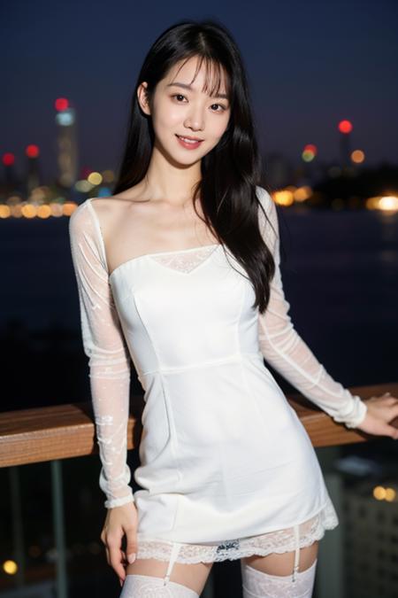 masterpiece, incredibly absurdres, extremely detailed, best quality, 1girl, (close-up), long black hair, blunt bangs, light smile, slim, full body, standing, looking at viewer, sweet lace dress, white thighhighs, (night drink club, disco club), night, night sky <lora:Largeaperture:0.8>, dance disco