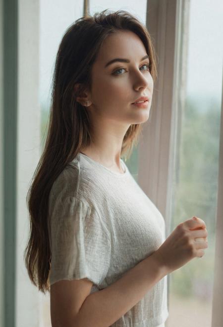 raw photo, candid view of DV_S3_Loraine_Vicious, standing by window, pale skin, slender body, wearing casual cute clothing, soft split ambient window light, soft realistic shadows, film grain, focus on subject, perfect composition