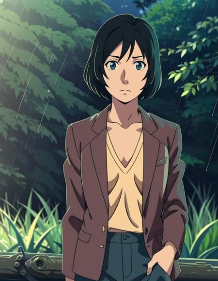 <lora:YukGow:1> YukGow woman standing in a rainy forest looking at the viewer, expressionless, messy black hair, skinny, suit top, pants, soft focus,
anime art style, masterpiece, 1girl, solo