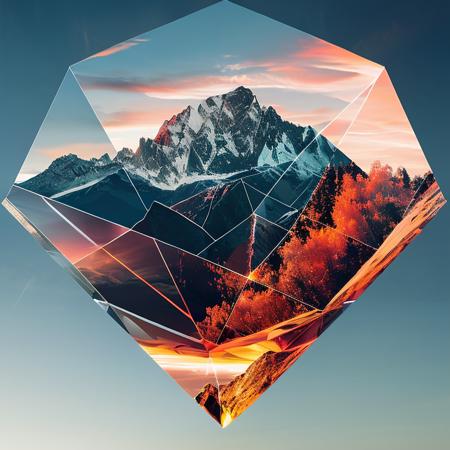 giant diamond double exposure mountain, surrealist artwork, salvador dali,mountain trees clouds nature, art by dblx and photohelper and actionhelper, glassbiff