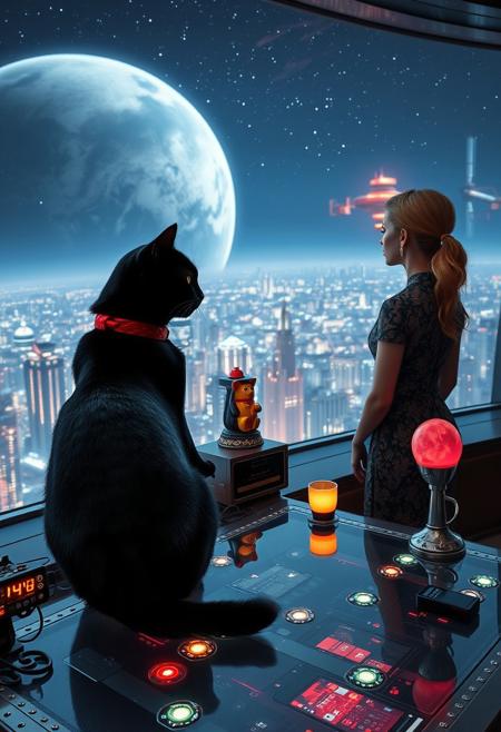 A sleek black cat with red collar sits on a cluttered metal riveted desk with transparent top and micro-LED lighted computer components visible inside, On the desk are a maneki neko statue and a lava lamp, the Black Cat is looking out of a seamless and futuristic floor to ceiling window that looks out at the planet below that is covered with the lights of enormous buildings and cities, (((a beautiful woman, 24 years old, is standing next to the desk the cat is sitting on and looking longingly out the window, the woman is dressed in an ornate elegant Chinese style dress. An enormous deco-cyberpunk starship with futuristic lighting and an enormous space station are visible in the background among the stars, The woman's hair is elegantly tied up with a ribbon. Artistic cyberpunk, dynamic perspective, (((overall architectural aesthetic is Art Deco Cyberpunk))).  Epic image that elicits a feeling of wonder and awe, part of the interior is visible,