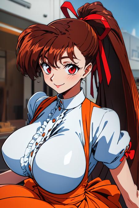 1girl, upper body, smile, blue sky, 
yuuka, huge breasts, red eyes, brown hair, long hair, red ribbon, hair ribbon, very long hair, high ponytail, ponytail, white gloves, frilled shirt, underbust, waitress, short sleeves, orange skirt, skirt, <lora:VG_Yuuka_lora_ver1:0.7>, best quality, masterpiece, highres, <lora:GoodHands-vanilla:1>