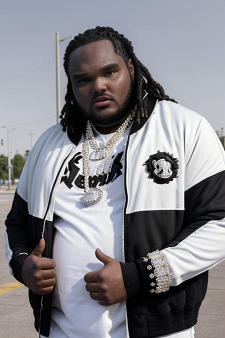 photorealism, masterpiece, 8K, UHD, analog style, high detail, detailed skin, depth of field
tee grizzley,  tee, white and black zipped jacket, expensive jewelry,<lora:TeeGrizzley_LoraTest:0.8>