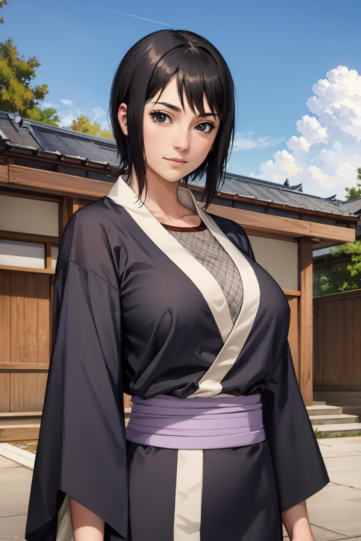 Anime-style character wearing a black and white kimono with a purple belt.