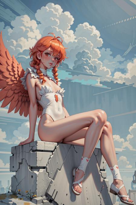 (masterpiece), (best_quality), (ultra-detailed), (illustration), (welcoming), 1girl, (juicy cloud ghost:1.3), (in a barren, brutalist studio:1.3), full body, thigh gap, copper hair, side braid,spiked hair, pose, [:skimpy costume design:0.2], sitting,wings, japanese, official art, vivid color, finely detailed, hyper detailed, 8k, high resolution illustration, absurdres, intricate detail <lora:EnvyBeautyMix02:1>