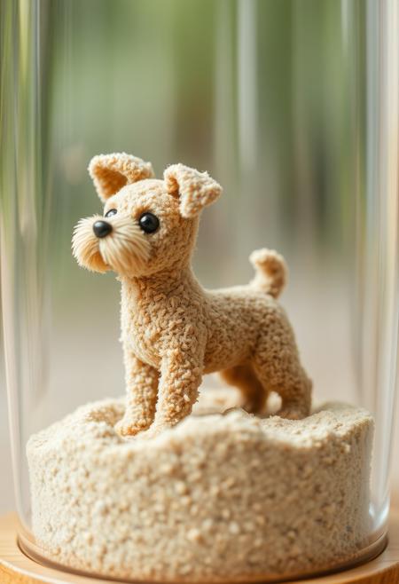 miniature pooch made of sand, in an hourglass